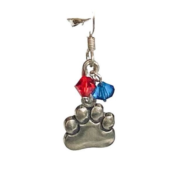 KU Just Cute Dangle Silver Paws Earrings With Red/blue accent crystals. - Picture 5 of 10
